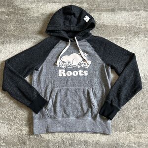Roots Canada Hoodie Sweatshirt Womens Medium Gray Space Dye Logo Kangaroo Pocket